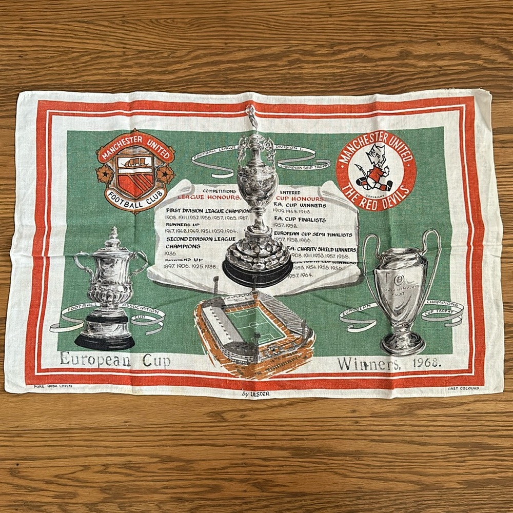 Manchester United 1968 European Cup linen teal towel by Ulster